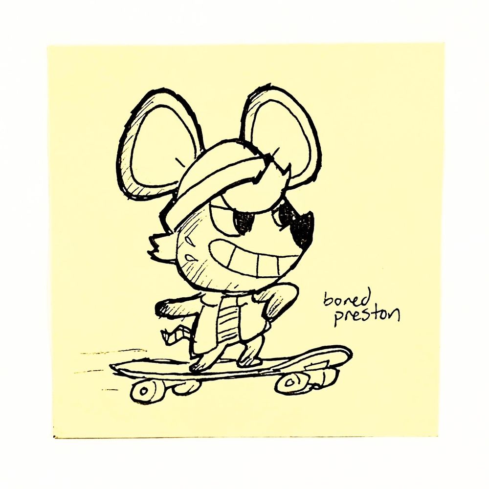 A sketch of Rod the mouse from Animal Crossing skating on a skateboard 