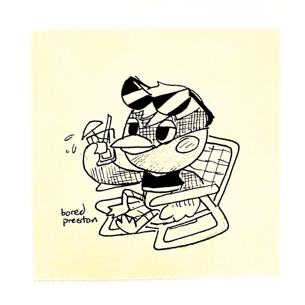 A sketch of Robin the bird from Animal Crossing sitting comfortably in a beach chair, holding up a drink in a glass. She has sunglasses on her head.