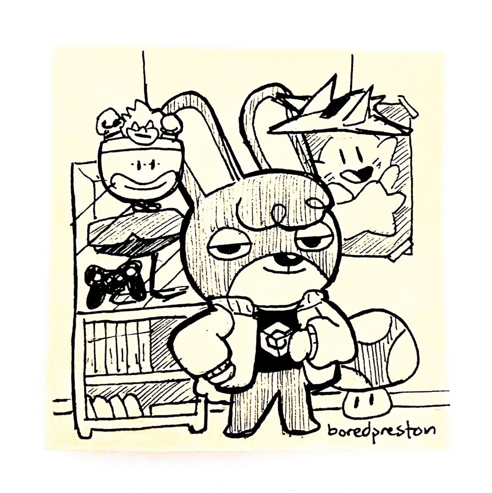 A sketch of Claude the rabbit from Animal Crossing smugly standing in front of a Virtual Boy display and a Kirby poster. Above him, hanging from the ceiling are a Bowser in a Koopa Clown Car and an Arwing from Star Fox. Next to him on the floor is a Super Mushroom