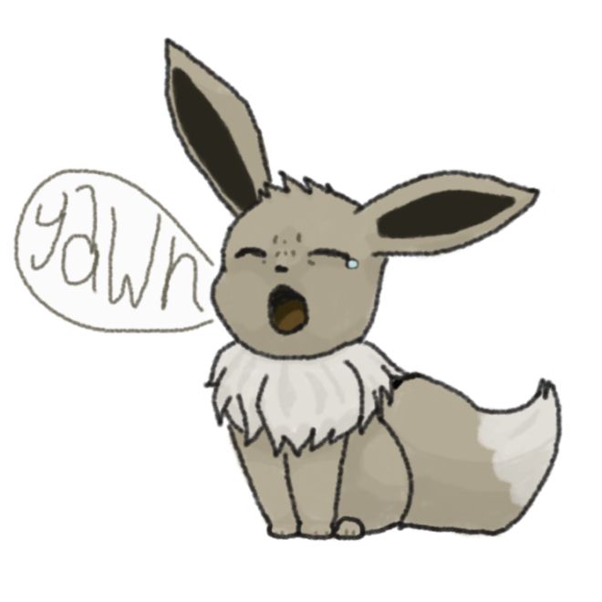 a simple drawing of an eevee yawning. eevee is sitting in the centre-right of the image, at a 3/4 angle, facing the camera. she is yawning hard enough to scrunch her face, and for her eyes to water. her right ear stretches up, above her, whilst her right ear goes to the right. her tail is curled behind her, to the right.

on the left side of the image a text-bubble can be seen, with the word "yawn" stylised to indicate what she is doing.

the colours are fairly dull and de-saturated.