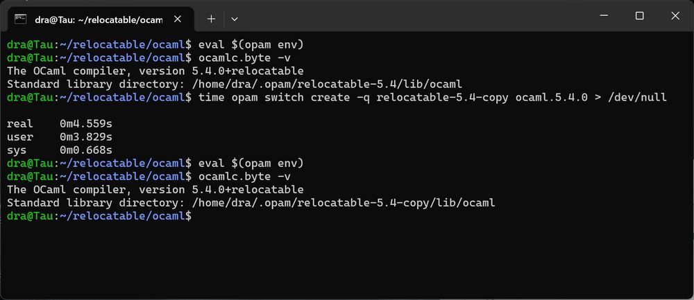 Terminal screenshot showing an existing opam switch being cloned in under 5 seconds on Linux, with the new compiler reporting its new location