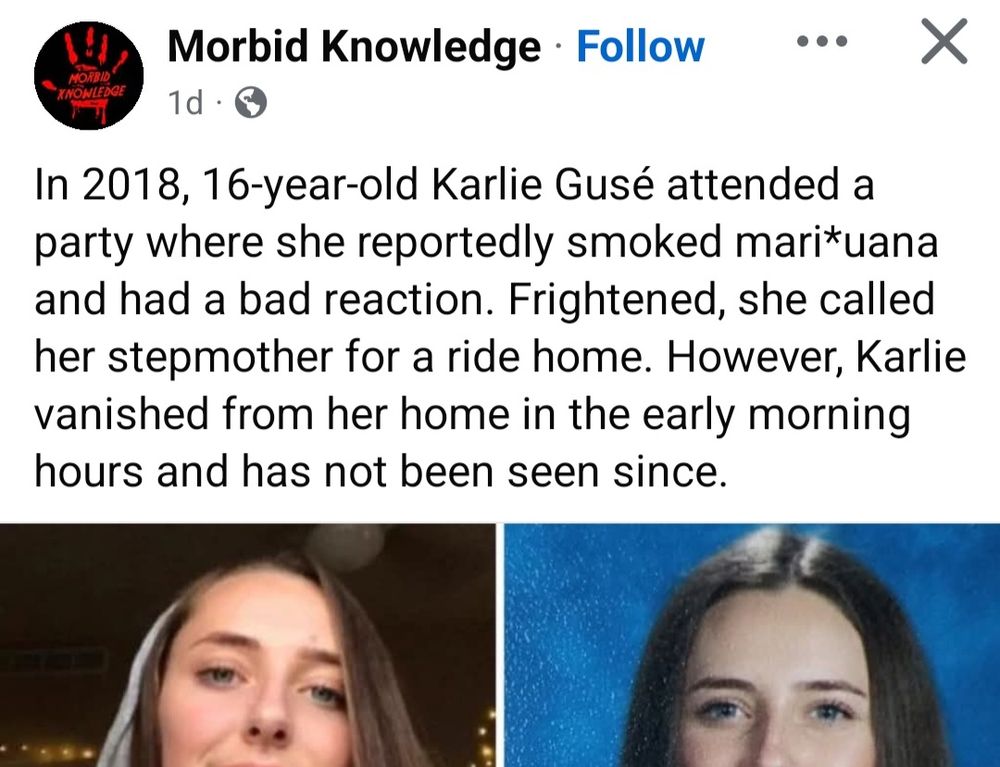 facebook algorithm slop page called "morbid knowledge" feels the need to censor the word "marijuana" in a post about an unsolved disappearance