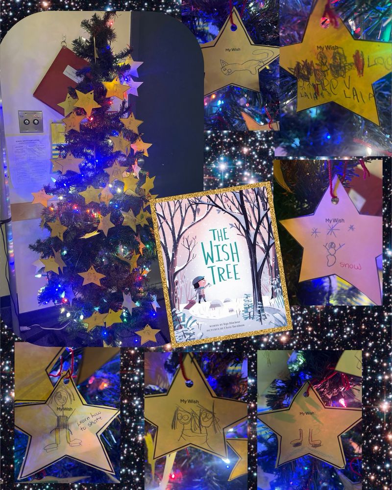 Students hang wishes for the year. Wishes were dreams, goals and skills. Inspired by the Wish Tree by Kyo Maclear. 
