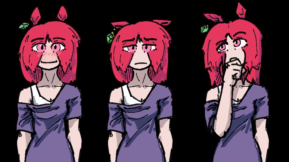 a picture of the same horse girl three times with different emotive states; in left-to-right order, they are happy, sad, and contemplative