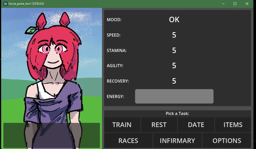 a screenshot of a godot game styled like a lower-fidelity copy of the game umamusue pretty derby. on the left is the character profile and on the right is a list of stats and buttons for tasks the player can take.