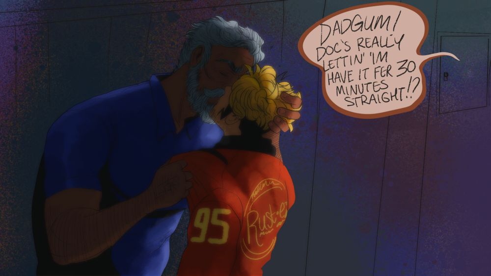 Mater observes: "Dadgum! Doc's really letting him have it for 30 minutes straight!?" as Doc Hudson and Lightning are making out in an empty office room