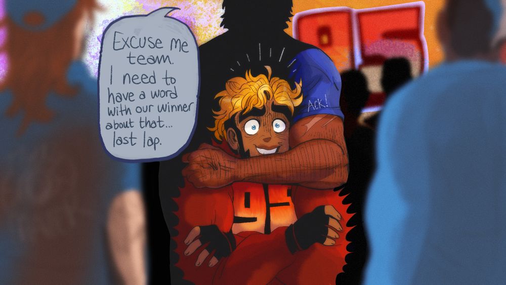 Doc grabs McQueen from behind after the Piston Cup race. "Excuse me, team, I need to have a word with our winner about that last lap." and starts to drag McQueen away from the group.