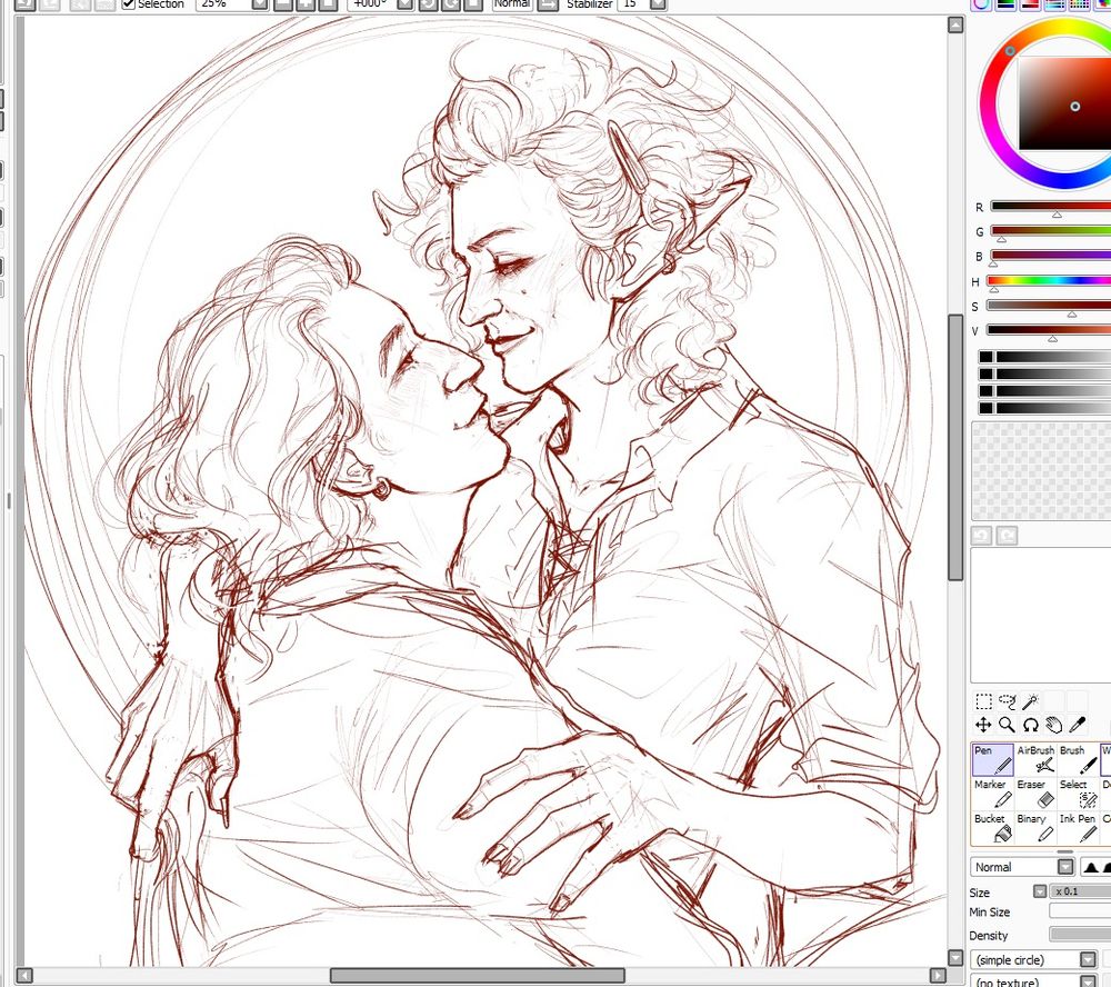 a sketch of gale and astarion from baldur's gate 3 drawn as women, astarion is sitting on gale's lap and they're looking into each other's eyes