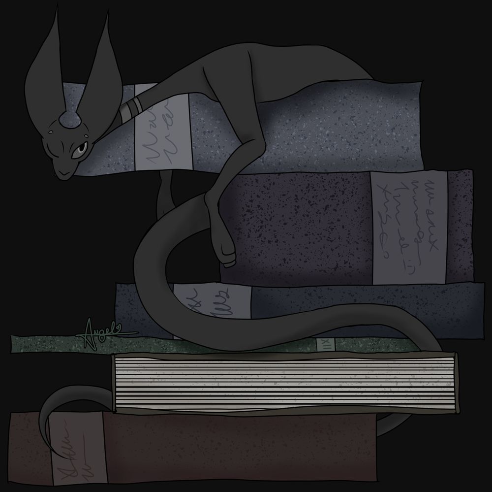 A dark grey cat-like creature whose body tapers off like a ghost. They are lying on a stack of books with one eye open. 


Character Notes (From the owner of the character): She/her, it/its, they/them!
Felwrit is Cathlandia’s resident scribe and its only mail courier! Despite her size, she is very reliable when it comes to delivering mail and relaying messages. When spooked, you might find her retreating into the pages of a book or perhaps a lone scrap of paper. Be sure to double-check your scrolls and your ink pots.