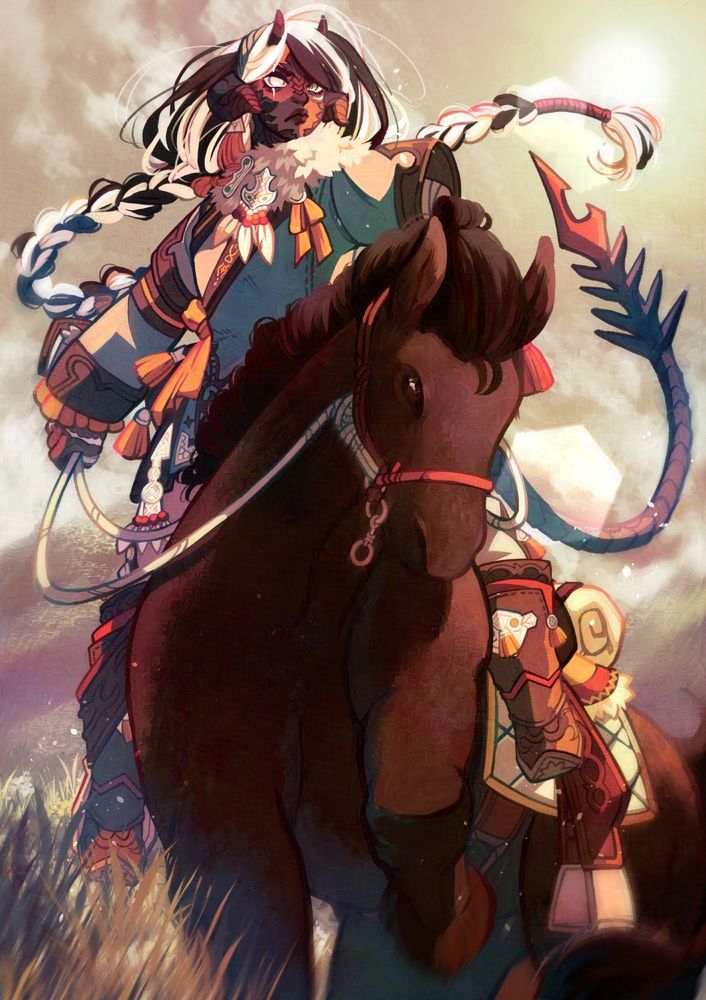 WoL Alan'h riding a horse in the Azim Steppes. She's standing using the saddle as support with a serious expression on her face. Her gear is a modified "Nomad's Aiming set" from the dungeon Bardam's Mettle.