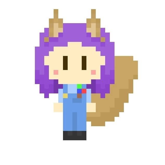 Image of a Minecraft style character with squirrel ears and tail. They have purple hair and blue dungarees.