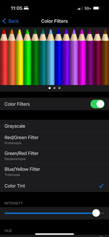 A screenshot of the Color Filters page in Accessibility settings on an iPhone. 