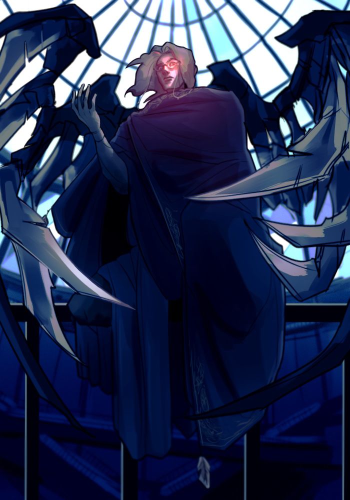 a cloaked man with white hair, burning red eye, glasses, and a hostile expression, sitting on a railing, with sharp mechanical wings unfolding from his back towards the viewer 