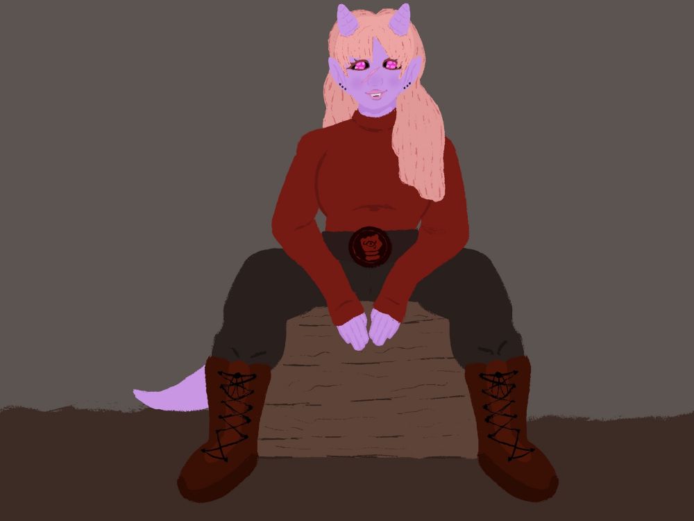 Bright purple tiefling sitting relaxed on a wooden crate. She has long light pink hair and bright hot pink eyes. 