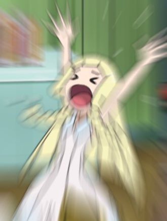 a motion blurred screen cap of Lillie yelling in excitement