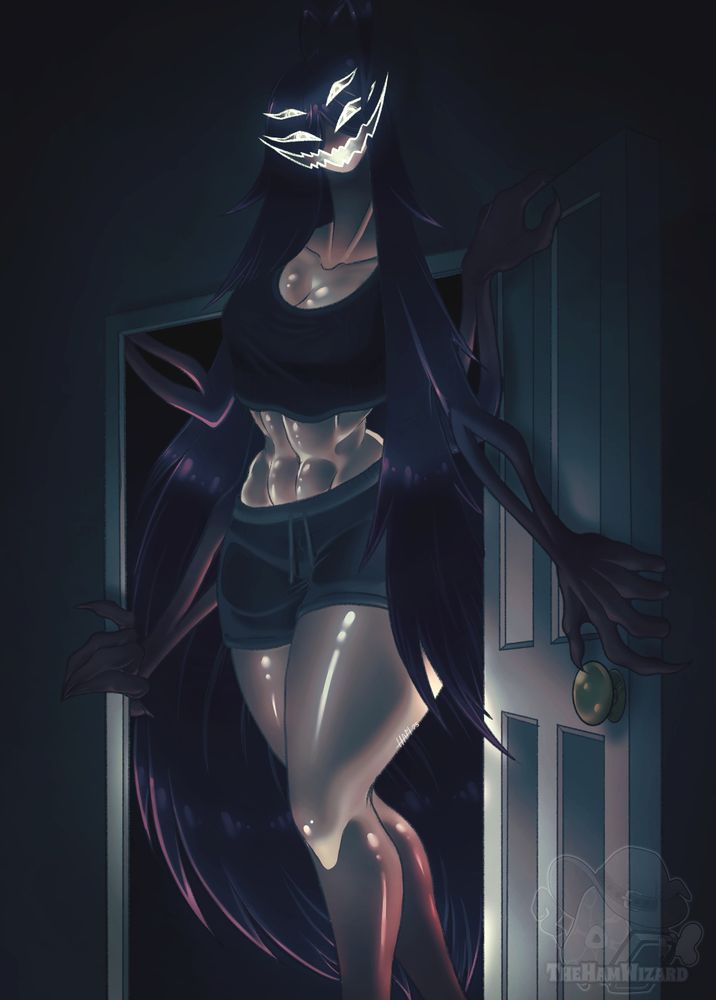 A tall, menacing female figure of a nightmarish woman, passing a door from. Her hair forms hands that grab her surroundings as she looks at the view with a wide grin and unknown intent. Lighting is coming from below her.
