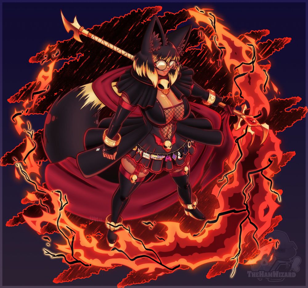 A short, fox like woman with black and red gear. A long red scarf flows from her neck, with a big fluffy tail behind it. Her clothing is adorned in golden skills. She wields a scythe of fire and lightning in a very over-lordly fashion. 