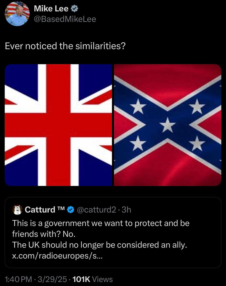 Utah Senator Mike Lee comparing the Union Jack and the Confederate Army of Virginia battle flag, suggesting similarity. Which isn’t entirely false, since they both contain a common heraldic symbol of the St. Andrew’s Cross or Saltire, which flags across the world share. For example, Jamaica 🇯🇲?