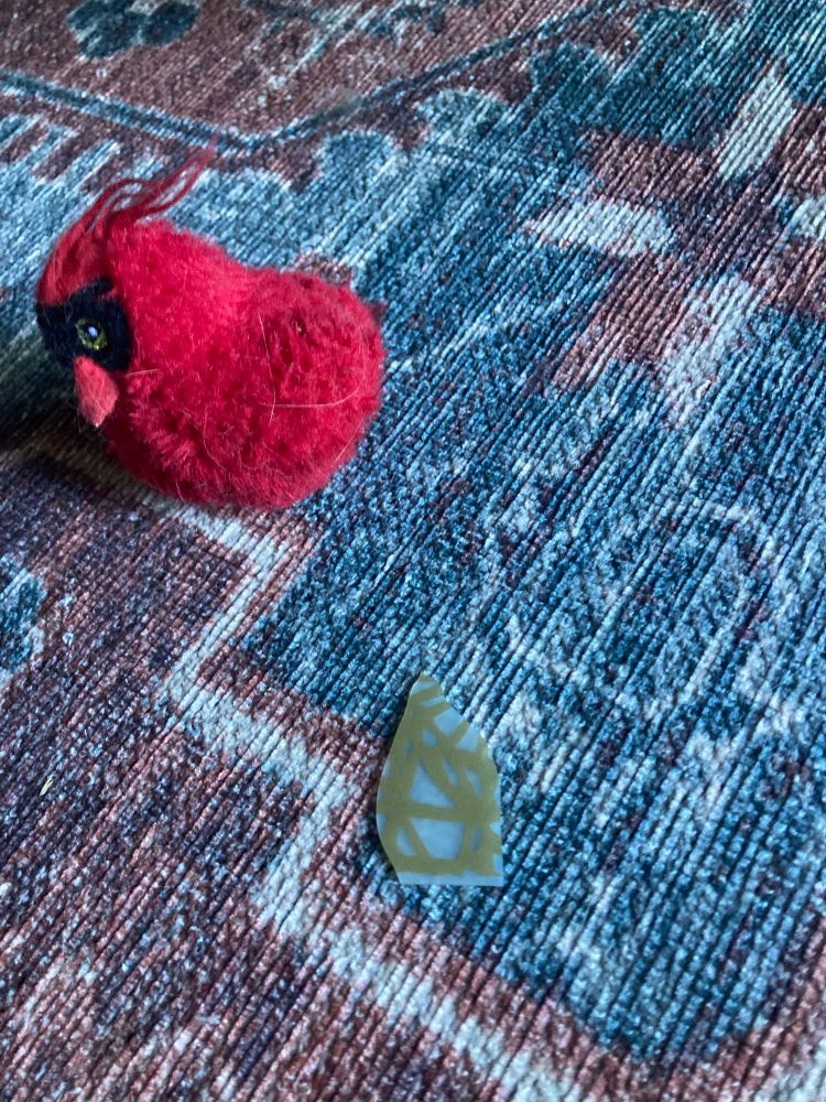 a piece is gold squiggle silicone placemat on a rug next to a well loved red tweeting bird cat toye