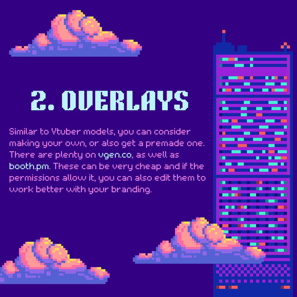 2. Overlays
Similar to Vtuber models, you can consider making your own, or also get a premade one. There are plenty on vgen.co, as well as booth.pm. These can be very cheap and if the permissions allow it, you can also edit them to work better with your branding.