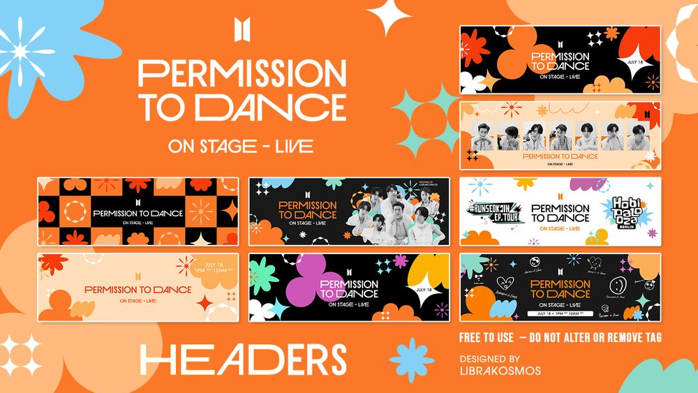 #BTS IS BACK! The 'PERMISSION TO DANCE ON STAGE - LIVE' album comes out on July 18th, so I made some headers to celebrate it—and spread the word! Feel free to use any, but do not alter them. 💜 🧡

🛒 Pre-save and pre-order your copies of the album! http://BTS.lnk.to/PTD-LIVE