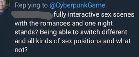 an infamous tweet asking the cyberpunk 2077 account if the game would have, and I quote: "fully interactive sex scenes with the romances and one night stands? being able to switch different and all kinds of sex positions and what not?" end quote.