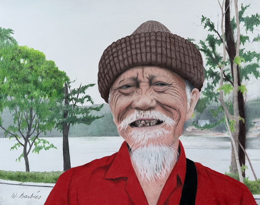 Vieux vietnamien réalisé aux crayons de couleur sur carton bristol 14'' x 11''. Old vietnamese made with coloured pencils on bristol board 14'' x 11''.