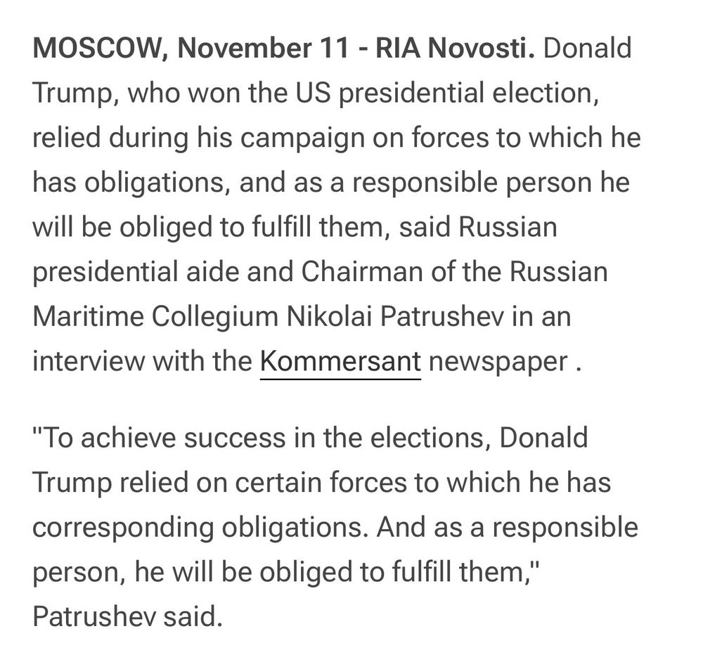 MOSCOW, November 11 - RIA Novosti. Donald Trump, who won the US presidential election, relied during his campaign on forces to which he has obligations, and as a responsible person he will be obliged to fulfill them, said Russian presidential aide and Chairman of the Russian Maritime Collegium Nikolai Patrushev in an interview with the Kommersant newspaper.
"To achieve success in the elections, Donald Trump relied on certain forces to which he has corresponding obligations. And as a responsible person, he will be obliged to fulfill them,' Patrushev said.