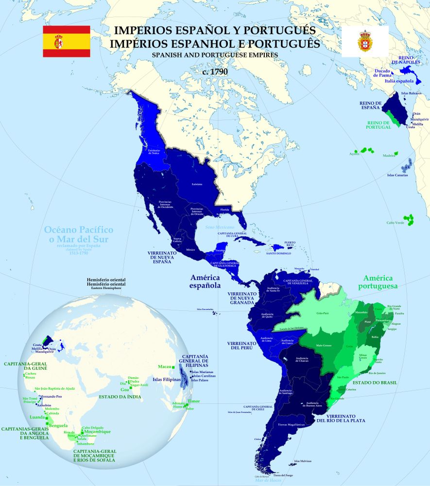 Map of areas in the Americas that were colonized by Spanish in blue and Portuguese in green in 1750. Native tribes lived there before.