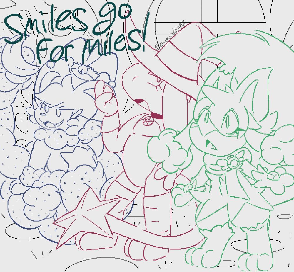 (From left to right) Sparks the Shinx (he/they), Mona the Smeargle (she/it), and Winter the Riolu (it/its), standing in a row for the Guild's roll call – "Smiles go for miles!"

Note that only one of them is smiling.

Sparks lounges atop one of his clouds, a paw held to his chin slayfully. His gay little jester's hat floats above his head. He smirks, playing along – he sees this routine as a game.

Mona, wearing her large wizard hat, pentagram collar, wrist-cuffs and leg-warmers, is less enthused. A hand is held to her hip, and her other is held in the air disdainfully. She rolls her eyes. To her, this is an obligation.

Winter is hunched forward, arms out, tail held high. Its scarf is wrapped around its neck, Explorer's Badge proudly pinned, but there are bags beneath its eyes, and its expression is of desperation. This is a matter of urgency. Another long day stretches ahead of it.