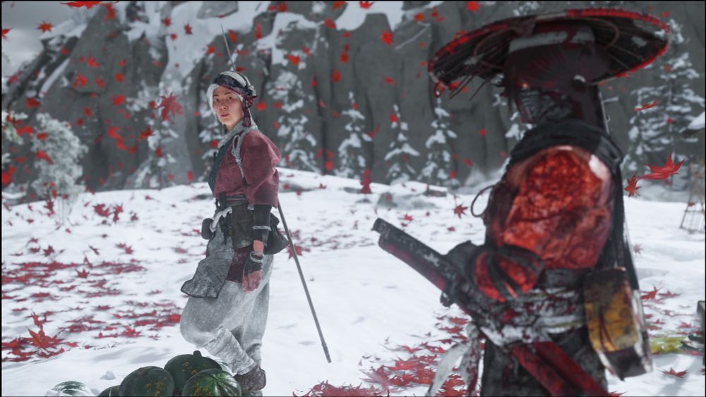 ghost of yotei: hana the grey haired farmer and atsu, covered in gore