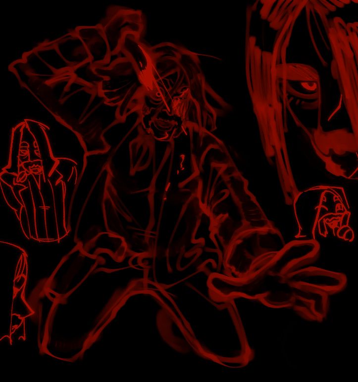 red sketches on a black background of Micah Bell III.
