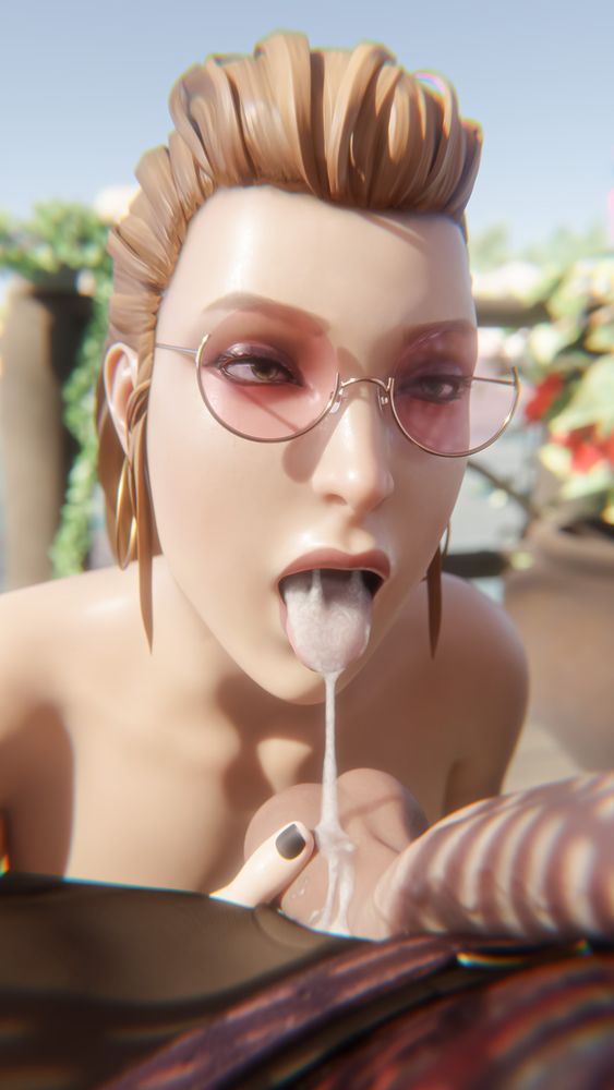 This image shows Rachel Amber from Life Is Strange after giving a lucky fellow a blowjob, letting his cum drip out of her mouth while she holds his balls