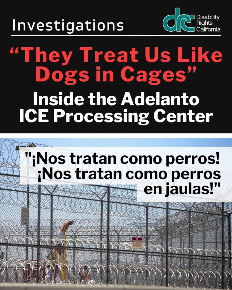 Graphic 1: Header Text: Investigations. Right, blue/green DRC logo. Red Title Text: “They Treat Us Like Dogs in Cages”. Subheader Text: Inside the Adelanto ICE Processing Center. Below, a photo of the Adelanto facility. It is an outdoor area with light metal fences and barbed wire. Text on photo: "¡Nos tratan como perros!
¡Nos tratan como perros en jaulas!"