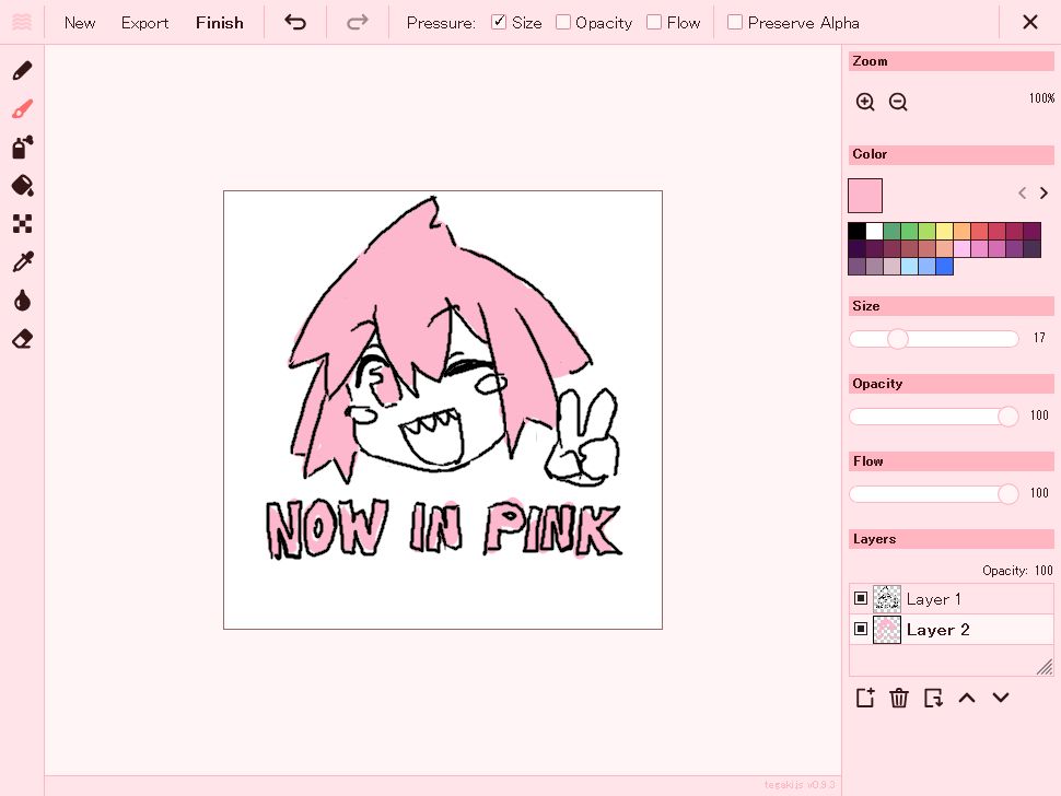a screenshot showing the new pinkish theme for tegaki.js, with an image of PinkSea-tan doing the peace sign with the caption "now in pink"

image courtesy of vertigris