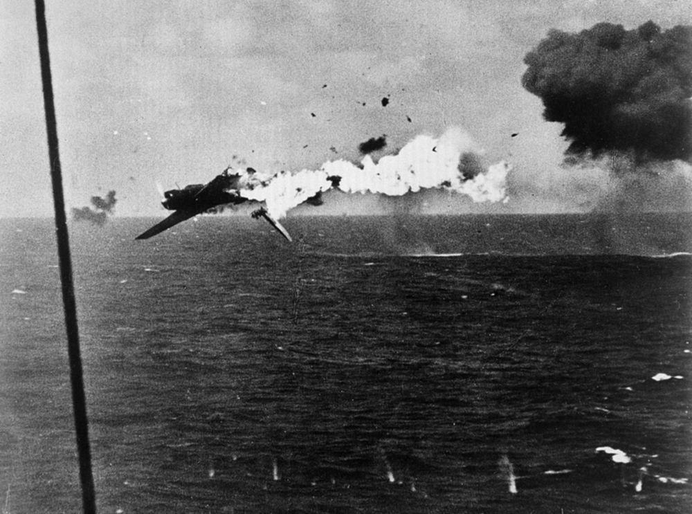 A B6N shot down while attacking USS Yorktown off Kwajalein on 4 December 1943. The aircraft lacked armour or fuel tank protection, but it didn't matter given this was the result of a direct 5" hit.
