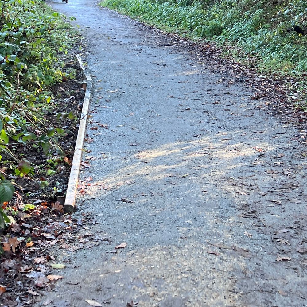 photograph of gravel track through trees with a slight bend to the left, the inner side has a long piece of wood retaining the gravel.