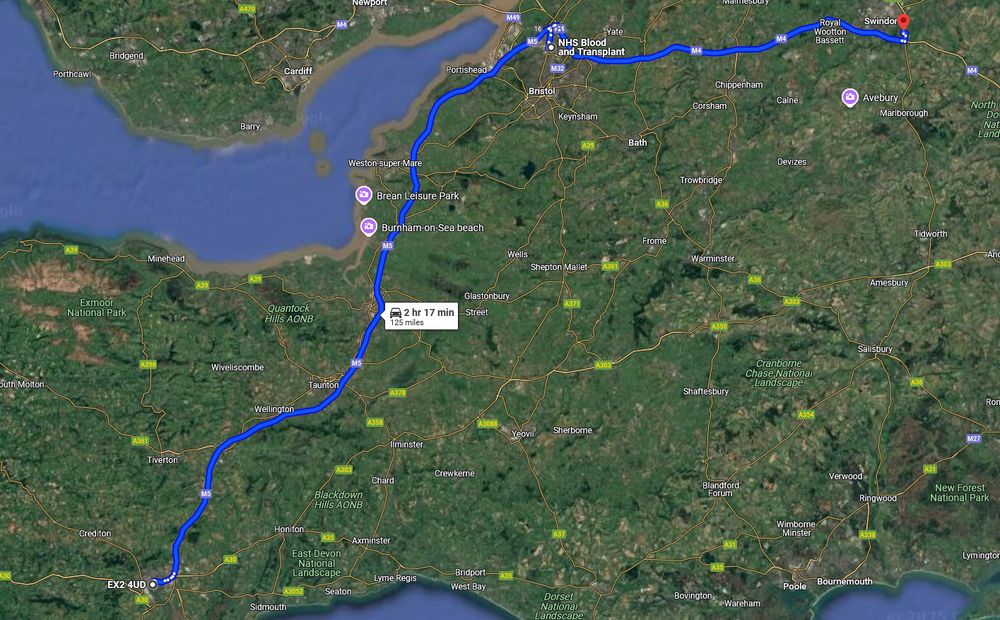 Google maps showing the route from Exeter to Swindon via Bristol