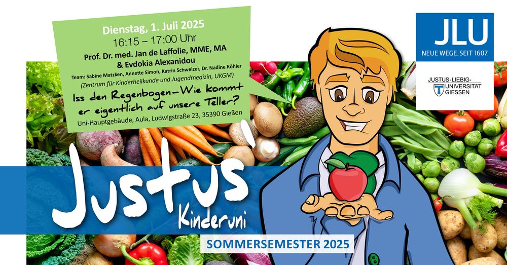 Plakat für Justus Kinderuni mit einem gezeichneten Mann im Vordergrund, der einen Apfel in der Hand hält. Im Hintergrund sind verschiedene Gemüsesorten zu sehen.