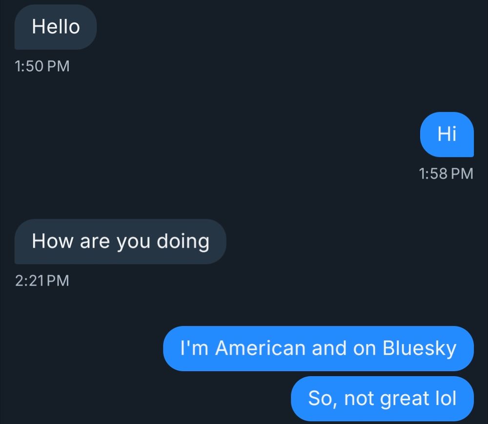 Bsky chat transcript that reads
> Hello
> Hi
> How are you doing
> I'm American and on Bluesky
So, not great lol