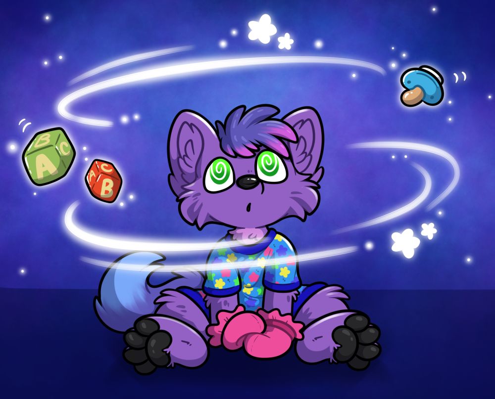 Maff slipping in to a childlike headspace. Space background, he is in a onesie and mittens with a floating pacifier and baby blocks swirling around him in a light show. He has green hypnotised eyes and a look of wonderment.