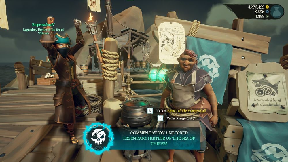Screenshot of Sea of Thieves showing the commendation unlocked: "Legendary Hunter of the Sea of Thieves". Which is obtained by catching all fish in the game.