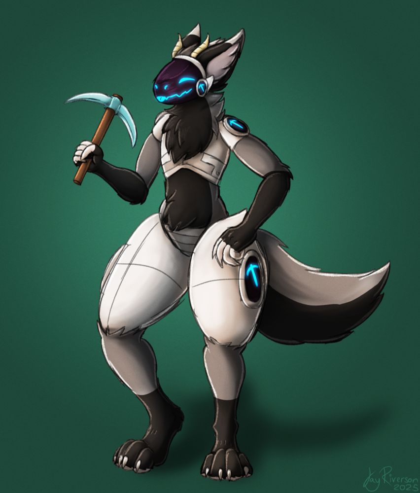 A protogen (animal robot hybrid) with black and grey fur, holding a diamond pickaxe from Minecraft. The protogen is wearing white armour, with blue pickaxe lights on the sides.