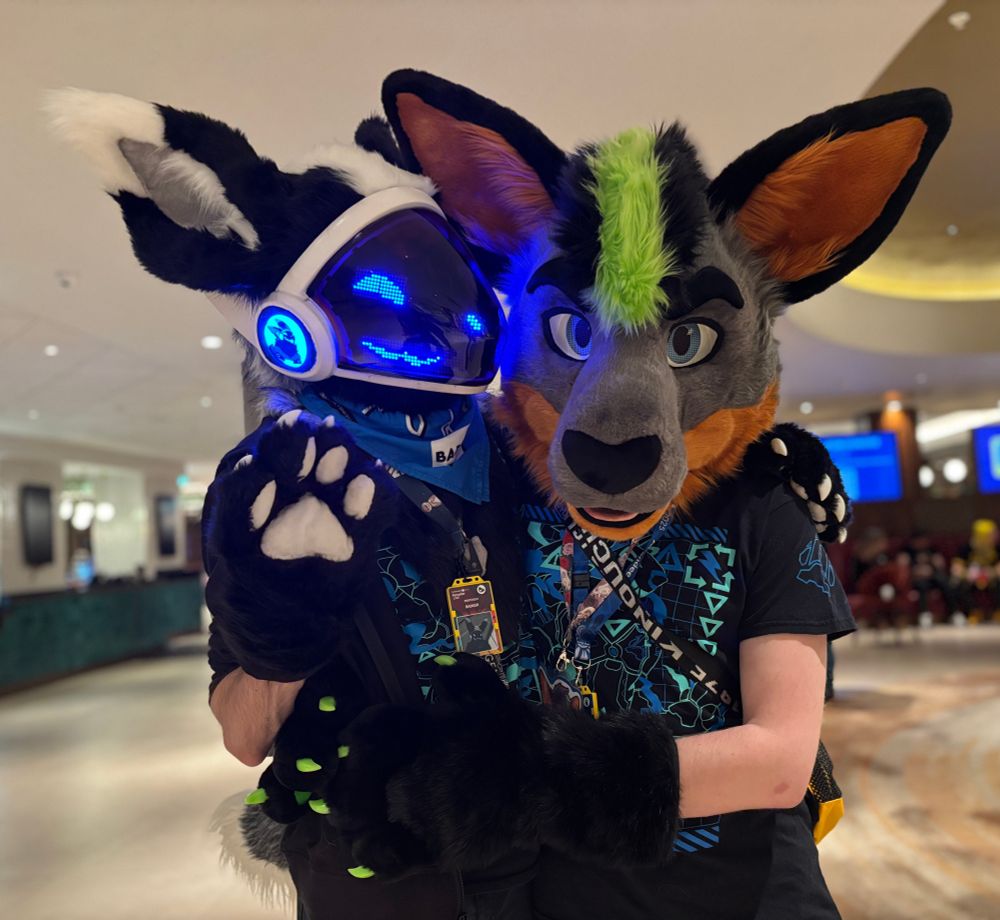 A protogen fursuiter, with blue lights, white and black fur, hugging a kangaroo fursuiter, with grey, orange and black fur and green hair.