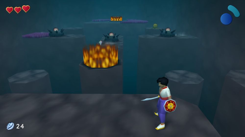 a man stands at the foreground with enemies in the background and fire in the center