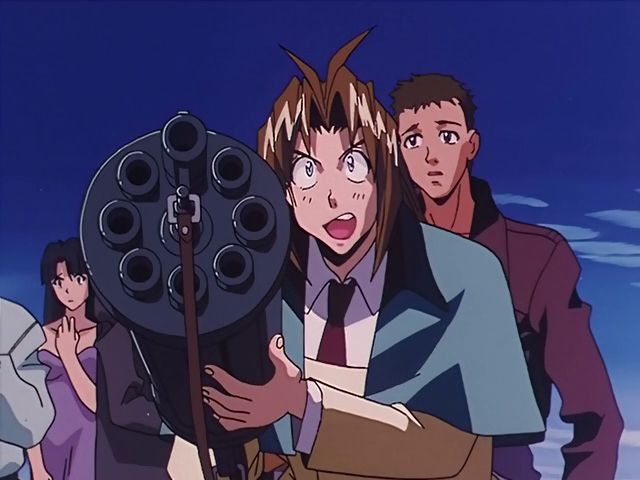 Milly Thompson from Trigun (1998) pointing a gun at the camera/you. She is perfect little angel