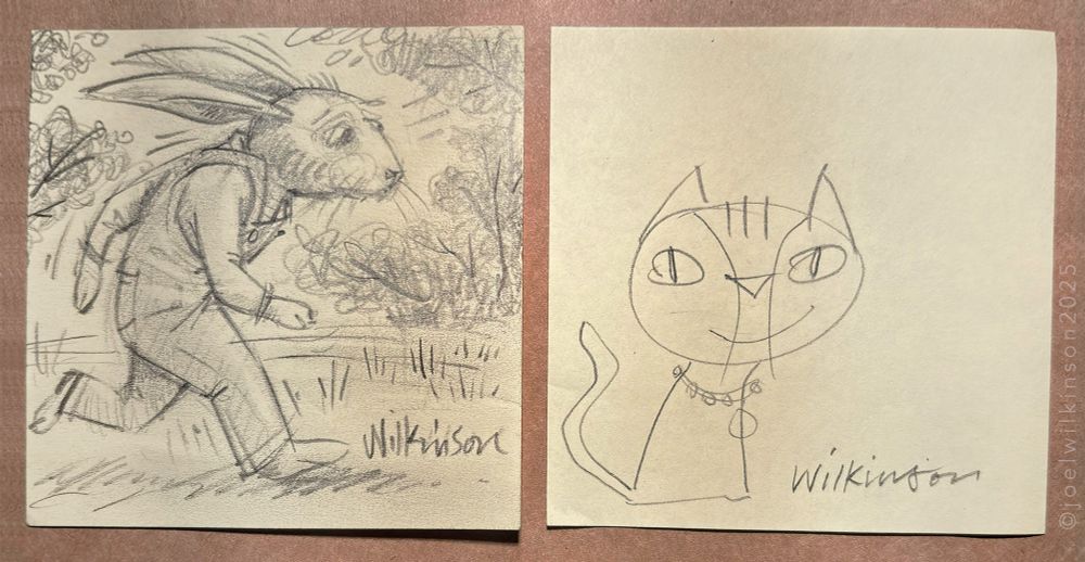 pencil drawings on postit notes, one drawing is a running rabbit character, and the other is a simplified drawing of a cat.