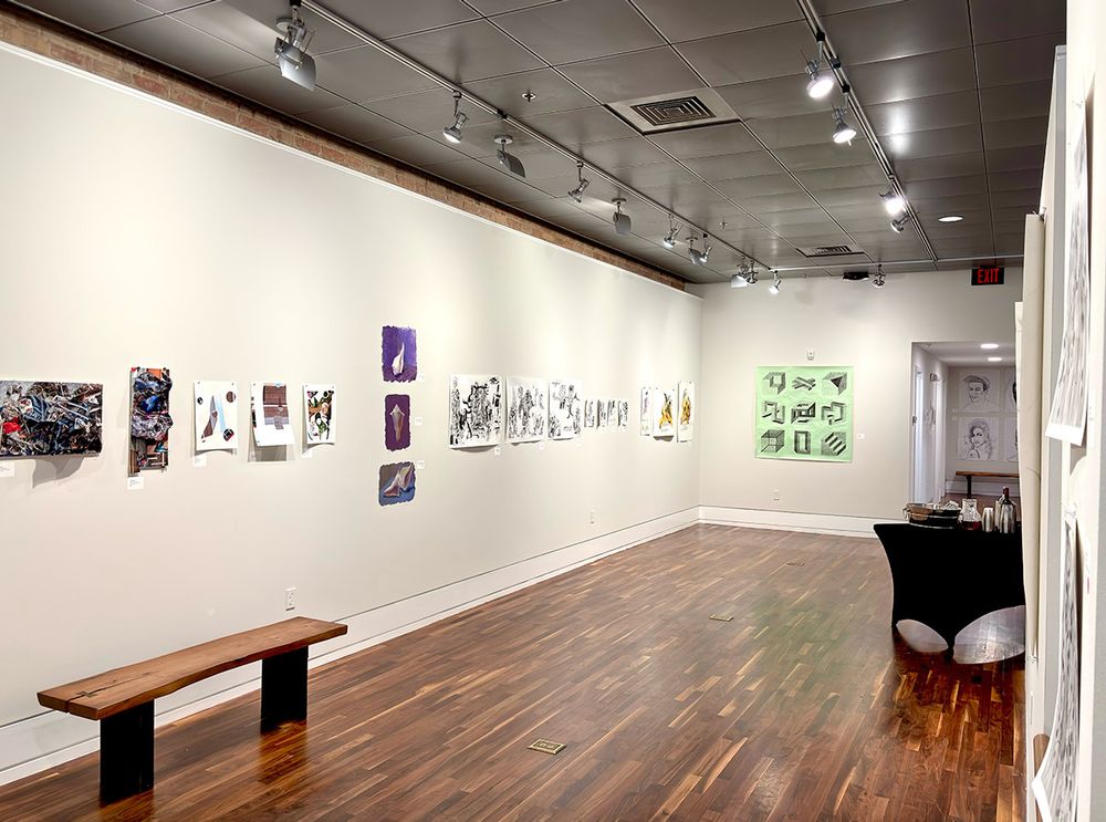 interior view of Upstairs Artspace, Tryon NC. Art gallery, drawing marathon. 