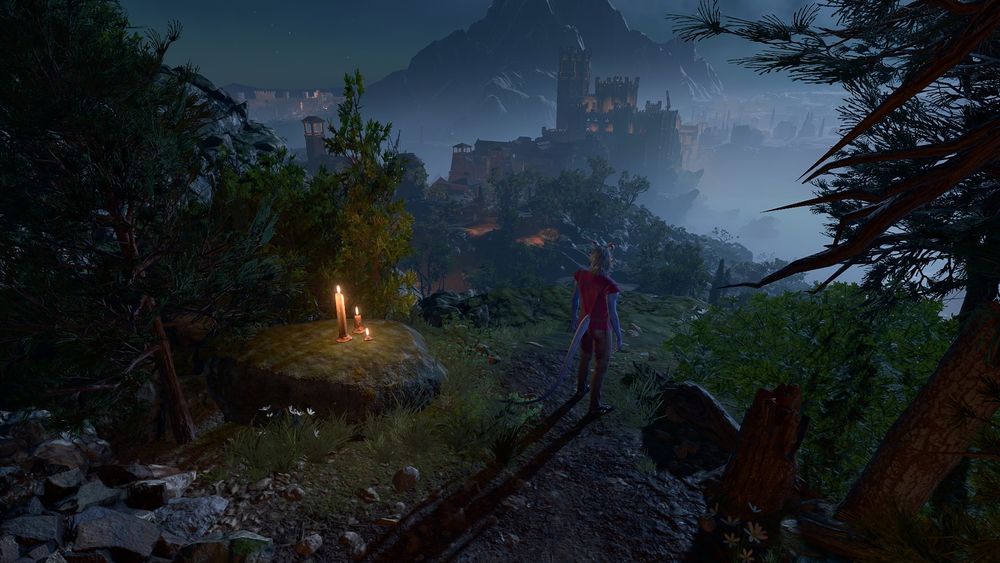 Screenshot from BG3, where you can see the main character looking at Baldur's Gate from a cliff