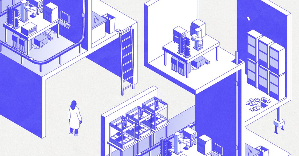 isometric, escher-esque illustration of a chaotically automated lab and a very lost researcher